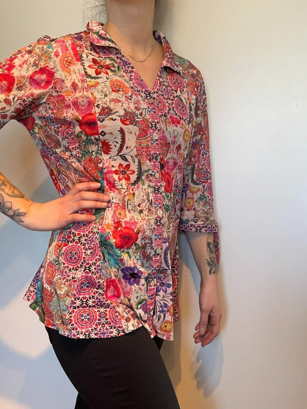 Boho Chic Patchwork Floral Blouse Artsy Colorful Tunic Festival Top Medium